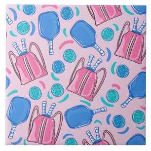 Pickleball Paddles and Balls Pink Preppy Ceramic Tile