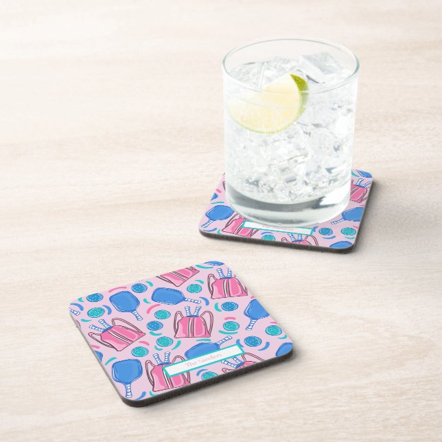 Pickleball Paddles and Balls Pink Preppy Custom Coaster (Right Side)