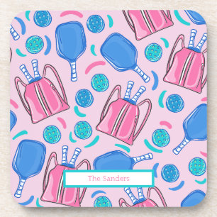 Pickleball Paddles and Balls Pink Preppy Custom Coaster