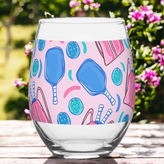 Pickleball Paddles and Balls Pink Preppy  Stemless Wine Glass (Creator Uploaded)