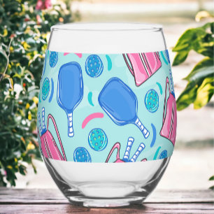 Pickleball Paddles & Balls Blue Preppy Stemless Wine Glass