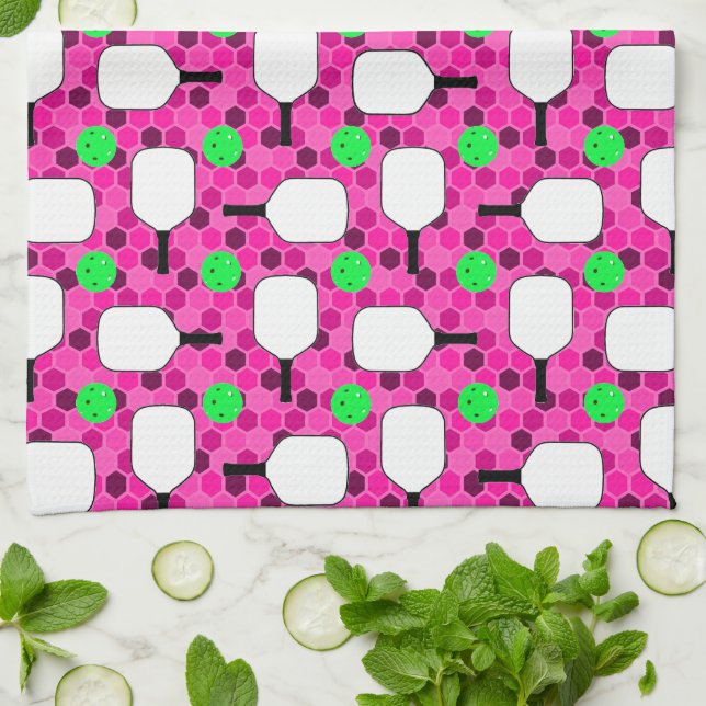 Pickleball Paddles Green Pickleballs Magenta Tea Towel (Folded)