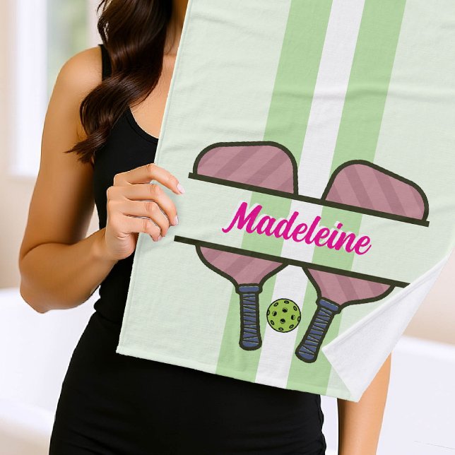 Pickleball Paddles Green Pink Personalised Gift Bath Towel (pickleball gift personalized towel paddles ball name retro calligraphy modern vintage pink green)