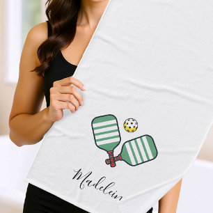 Pickleball Paddles Green Stripes Personalised Gift Bath Towel