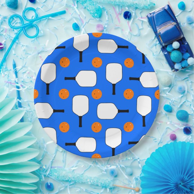 Pickleball Paddles, Orange Pickleball Balls, Blue Paper Plate (Party)