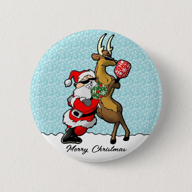 Pickleball Partners Santa & Reindeer Sleighing It 6 Cm Round Badge (Front)