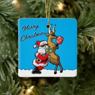 Pickleball Partners Santa & Reindeer Sleighing It Ceramic Ornament