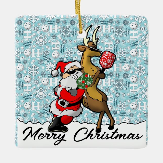 Pickleball Partners Santa & Reindeer Sleighing It Ceramic Ornament (Front)
