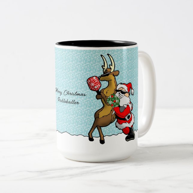 Pickleball Partners Santa & Reindeer Sleighing It Two-Tone Coffee Mug (Front Right)