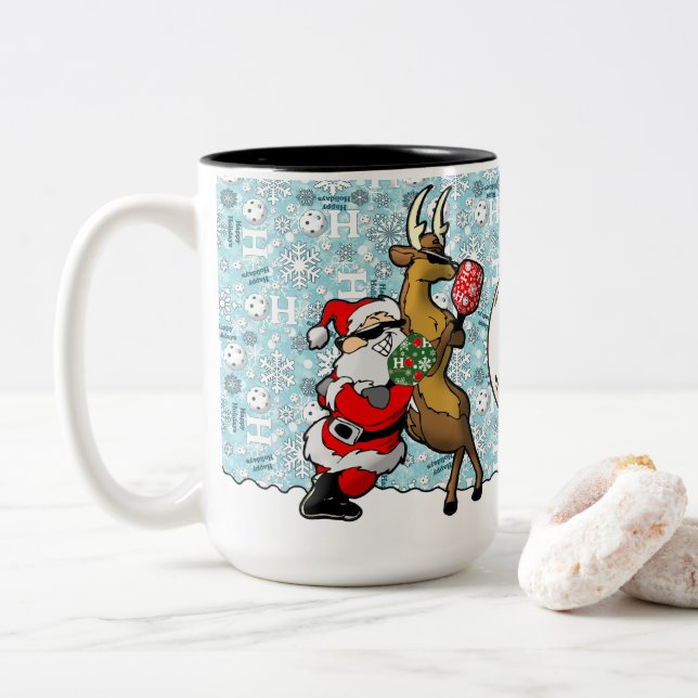 Pickleball Partners Santa & Reindeer Sleighing It Two-Tone Coffee Mug (With Donut)