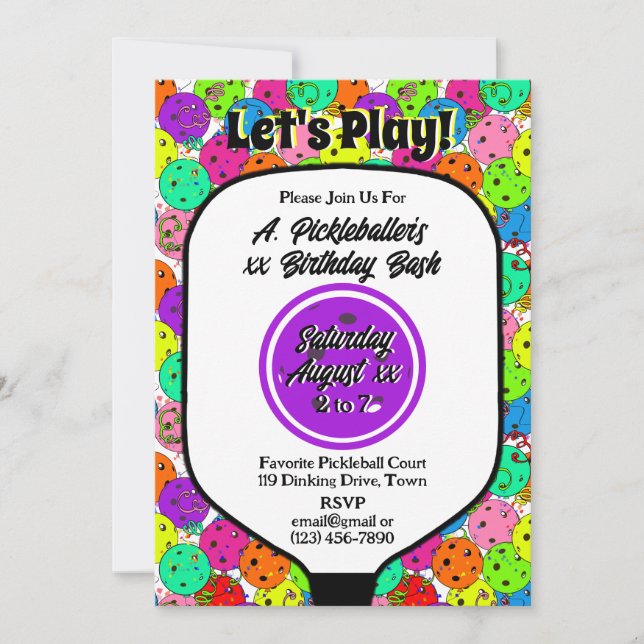 Pickleball Party Balloons Confetti Purple Photo Invitation (Front)