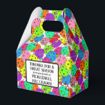 Pickleball Party Balloons on White Thank You Favour Box<br><div class="desc">Pickleball party, personalised, end of season rec league, pickleball tournament thank you favours. Festive pickleball party gift favour box bag for any pickleball player with colourful confetti and pickleball balloons on a white background. Blue, red, bright green, yellow, pink, and purple balloons made from pickleball balls. Colourful pickleball-themed birthday, anniversary,...</div>