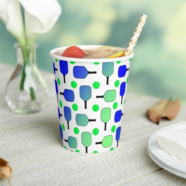 Pickleball Party Blue Green Paddles and Balls Paper Cups (Insitu)
