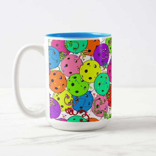 Pickleball Party Confetti and Pickleball Balloons  Two-Tone Coffee Mug (Left)