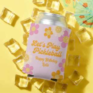 Pickleball Party Groovy Retro Pink Orange Flowers Can Cooler