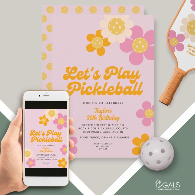 Pickleball Party Groovy Retro Pink Orange Flowers  Invitation (Creator Uploaded)