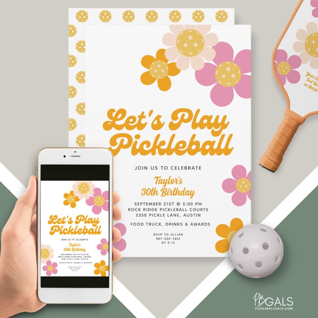 Pickleball Party Groovy Retro Pink Orange Flowers  Invitation (Creator Uploaded)