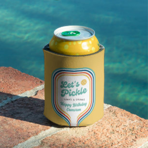 Pickleball Party Let's Pickle Retro Rainbow Stripe Can Cooler