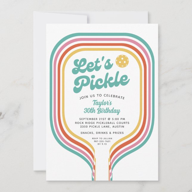 Pickleball Party Let's Pickle Retro Rainbow Stripe Invitation (Front)