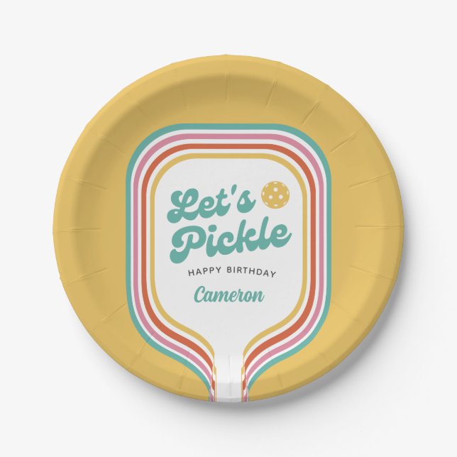 Pickleball Party Let's Pickle Retro Rainbow Stripe Paper Plate (Front)