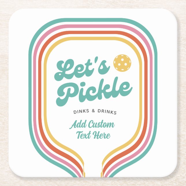 Pickleball Party Let's Pickle Retro Rainbow Stripe Square Paper Coaster (Front)