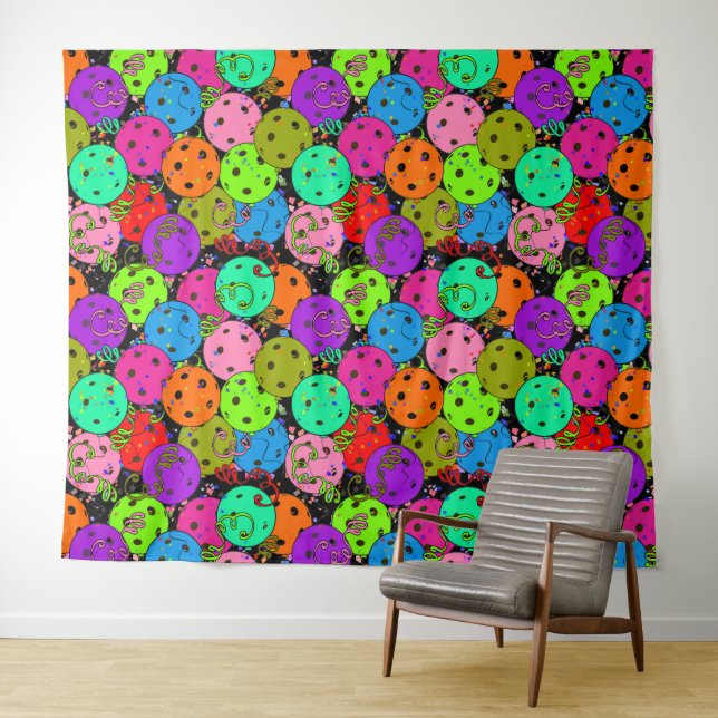 Pickleball Party Pickleball Balloons on Black Tapestry (In Situ (Horizontal))
