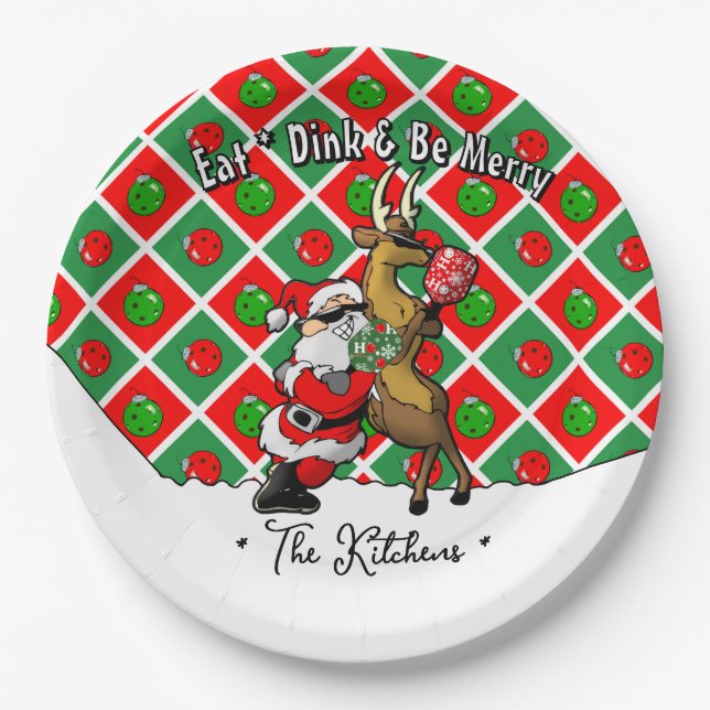 Pickleball Party Santa Christmas Cool and Classy Paper Plate (Front)