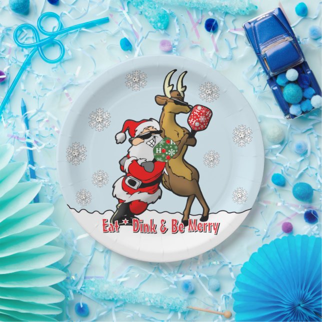 Pickleball Party Santa Reindeer Snowflakes Paper Plate (Party)