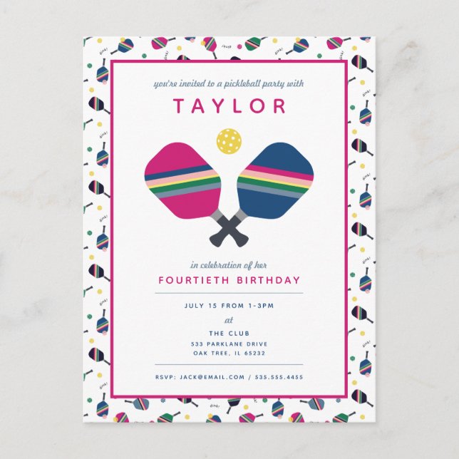 Pickleball Party Sports Blue Pink Invitation Postcard (Front)