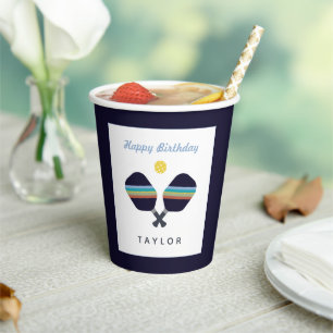 Pickleball Party Sports Dark Blue Striped Paddles Paper Cups