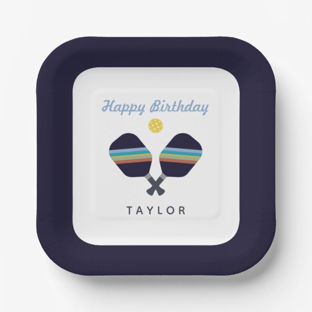 Pickleball Party Sports Dark Blue Striped Paddles  Paper Plate (Front)