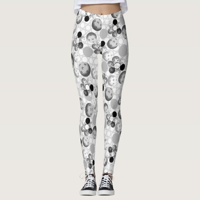 Pickleball Pattern, Black, White and Grey Leggings (Front)