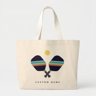 Pickleball Personalised Name Striped Paddles Blue  Large Tote Bag
