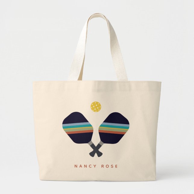 Pickleball Personalised Name Striped Paddles  Large Tote Bag (Front)