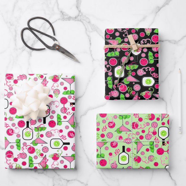  Pickleball Pink Green Dinks & Drinks Celebration Wrapping Paper Sheet (Front)