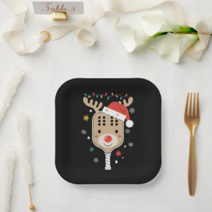 Pickleball Player Christmas Holiday Reindeer Xmas Paper Plate