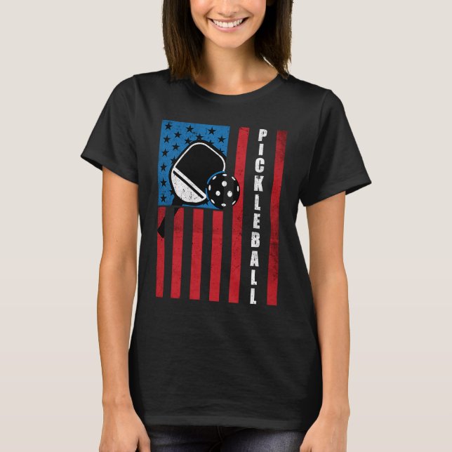 Pickleball Player Fan Patriotic US Flag 4th Of Jul T-Shirt (Front)