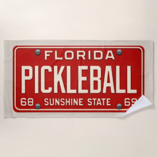 Pickleball Player Fan Retro Florida License Plate Beach Towel