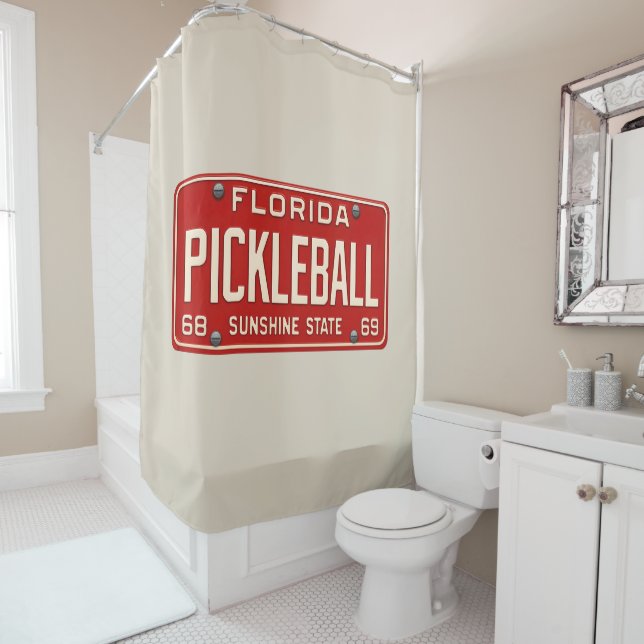 Pickleball Player Fan Retro Florida License Plate Shower Curtain (In Situ)