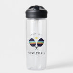 Pickleball Player Gift Peace Love and Pickleball Water Bottle<br><div class="desc">The perfect pickleball player gift! This high-quality water bottle featuring striped pickleball paddles and the phrase,  "Peace,  Love & Pickleball" will make a statement on the court. In blues,  greens and yellow. Part of a collection from Parcel Studios.</div>
