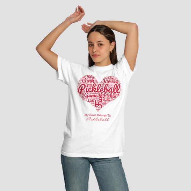 Pickleball Player Personalised Heart Word Cloud T-Shirt (Text lines are editable personalize with your own club  or name)