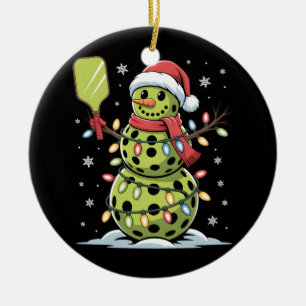 Pickleball Player Snowman Christmas Lights Santa Ceramic Ornament