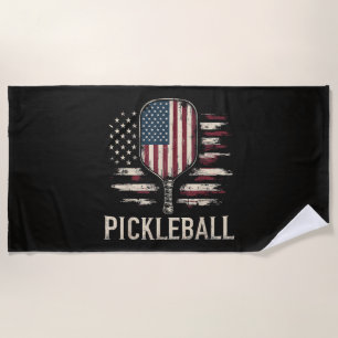 Pickleball Player US Flag Retro Paddleball Beach Towel