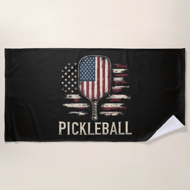 Pickleball Player US Flag Retro Paddleball Beach Towel (Front)