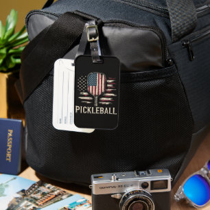Pickleball Player US Flag Retro Paddleball Luggage Tag