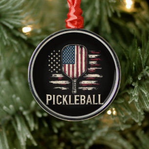 Pickleball Player US Flag Retro Paddleball Metal Ornament
