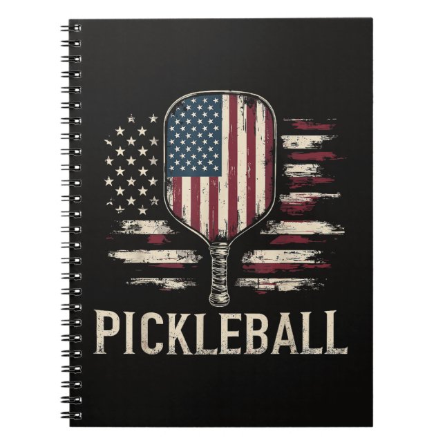 Pickleball Player US Flag Retro Paddleball Notebook (Front)