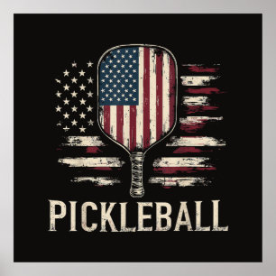 Pickleball Player US Flag Retro Paddleball Poster