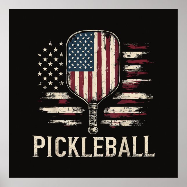 Pickleball Player US Flag Retro Paddleball Poster (Front)