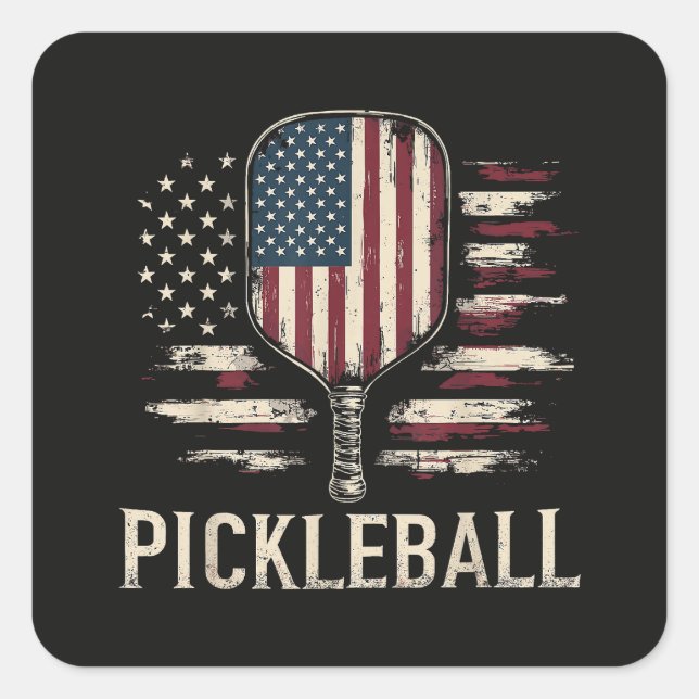 Pickleball Player US Flag Retro Paddleball Square Sticker (Front)